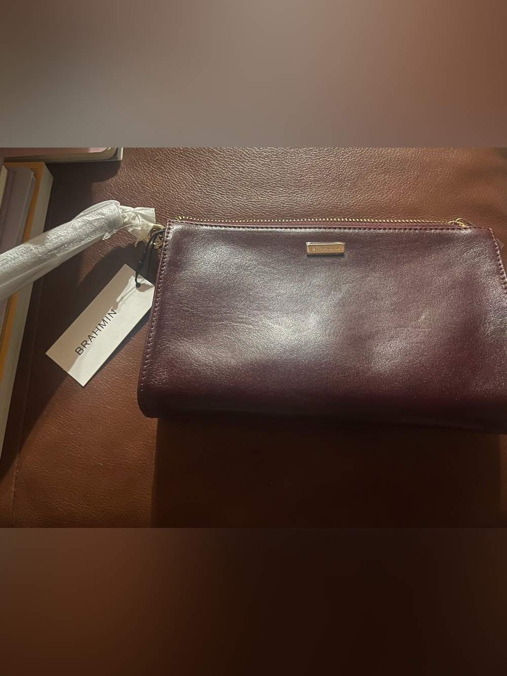 Brahmin Plum Leather Zip Wristlet NWT